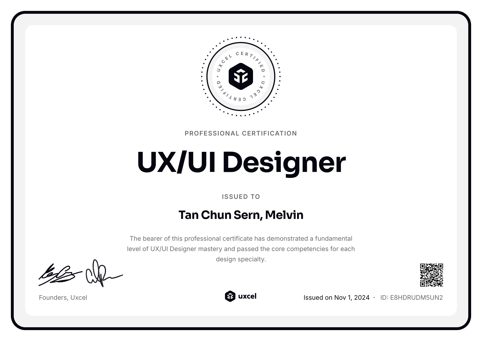 Tan Chun Sern, Melvin's certificate